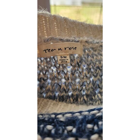 Tea n Rose Boho Knit Long Fringed Hem Pullover Sweater Western S/M Blue Cream - Picture 5 of 6